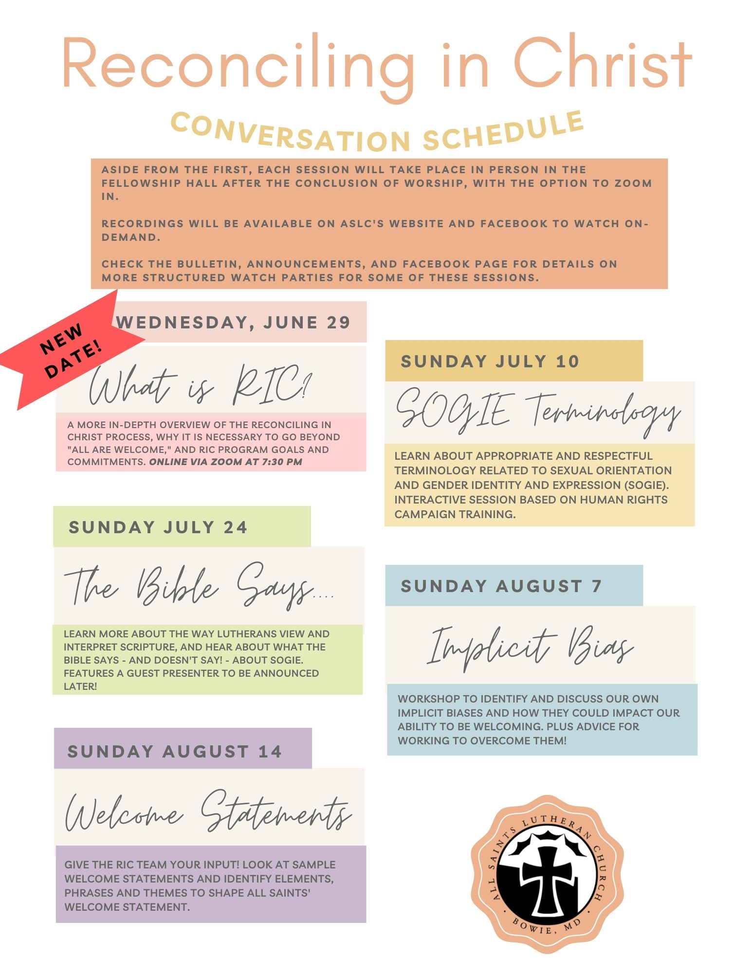 Reconciling in Christ Conversation Schedule